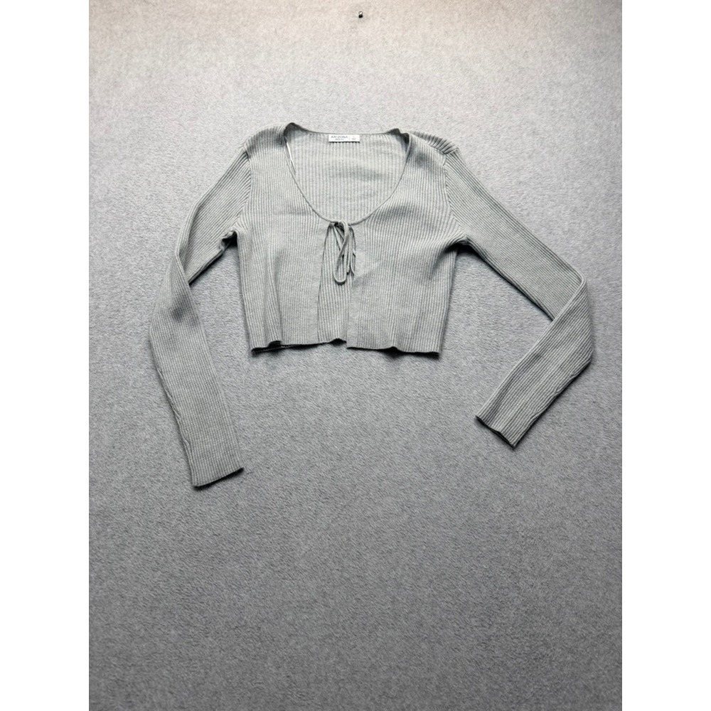 Arizona Jean Co Womens Gray Ribbed Tie Front Cropped Cardigan Sweater Size L